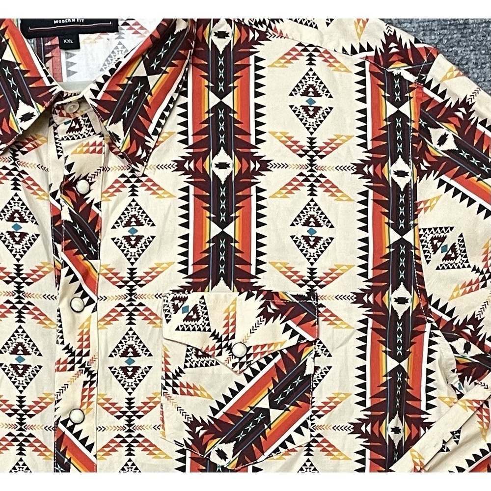 Rock & Roll Denim Western Shirt Pearl Snap Aztec Cowboy Going Out Beige Red XXL